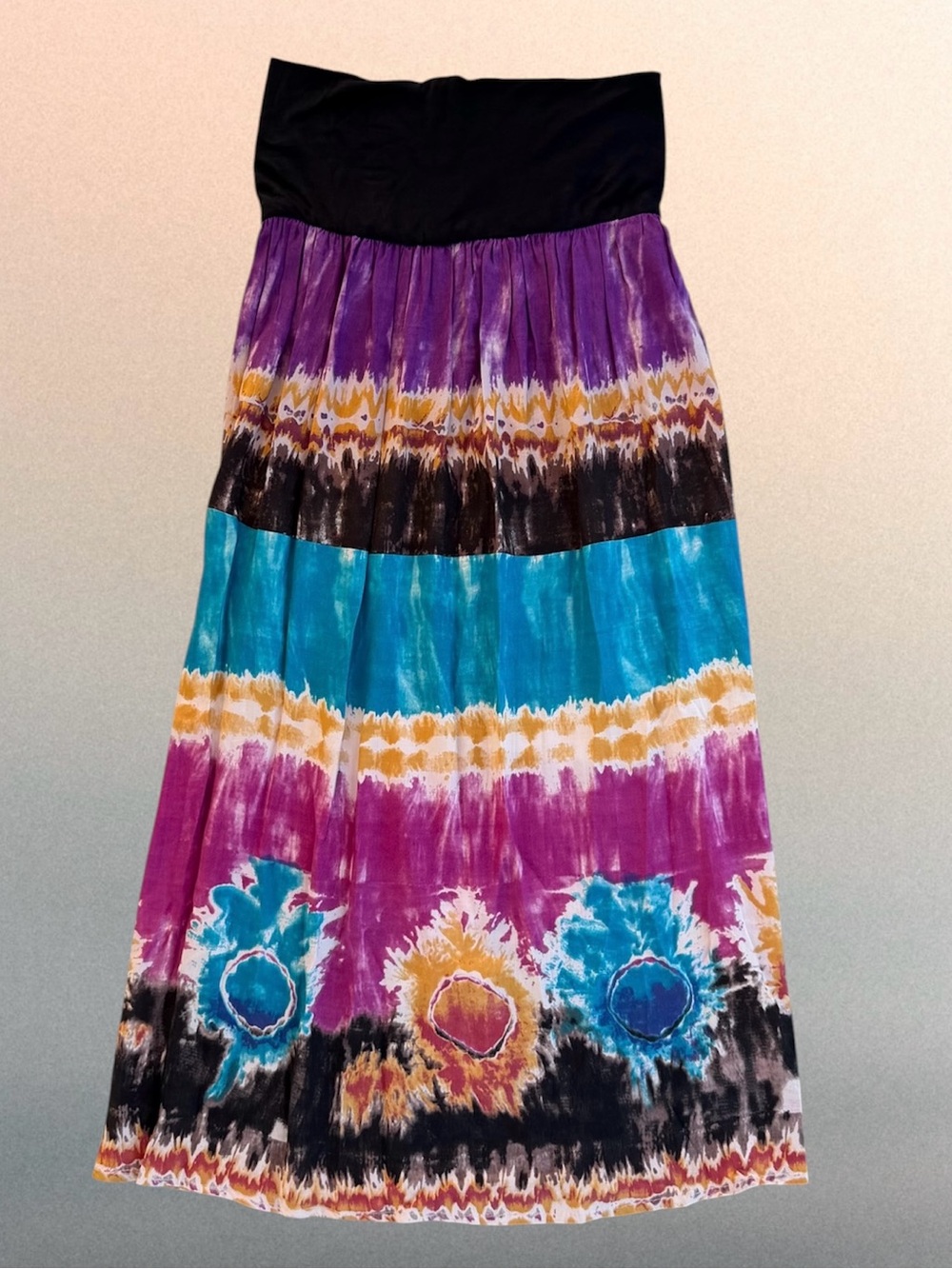 Angie Purple and Turquoise Tie Dye Bohemian Tiered Maxi Skirt ~ Women’s Small